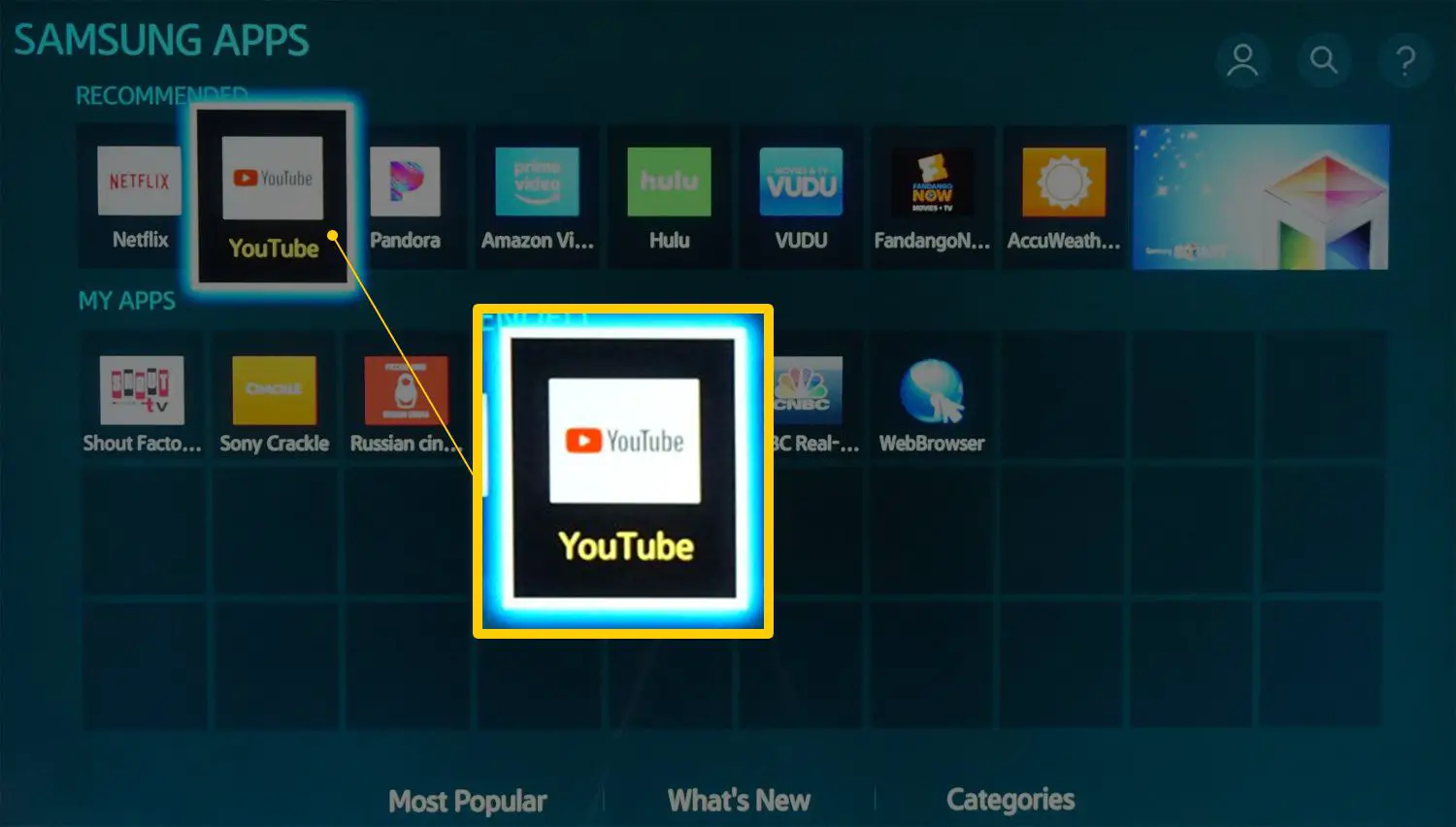 O aplicativo do YouTube em uma smart TV Samsung