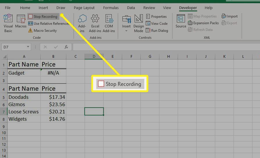 Botão Parar gravação no Excel