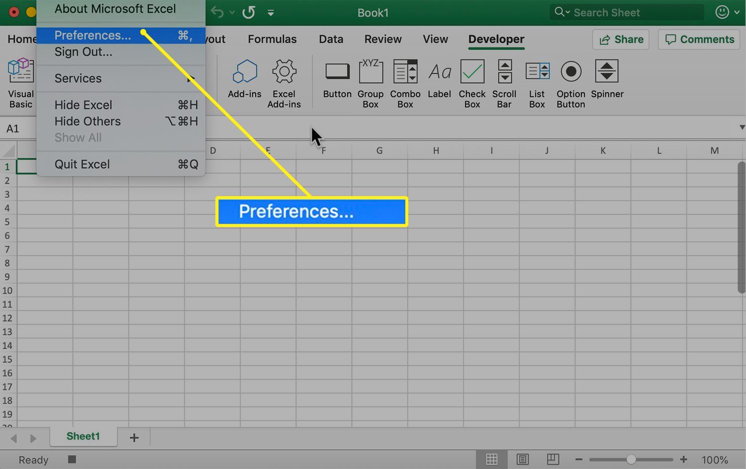 Caminho para as preferências do Excel no Mac