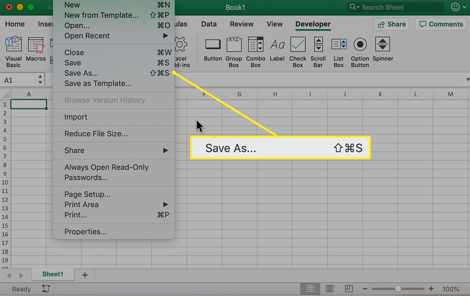 Salvar como item de menu no Excel para Mac