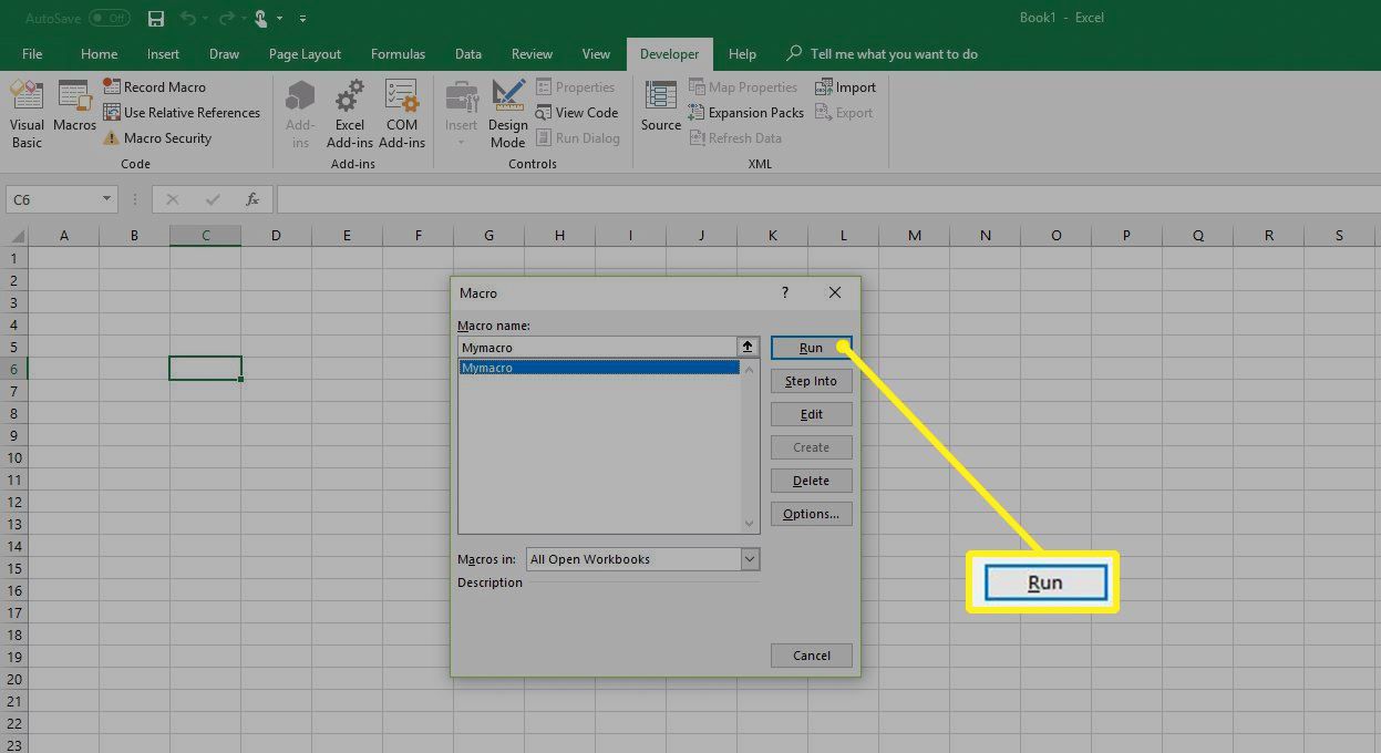 Botão Executar na caixa de diálogo Macro do Excel