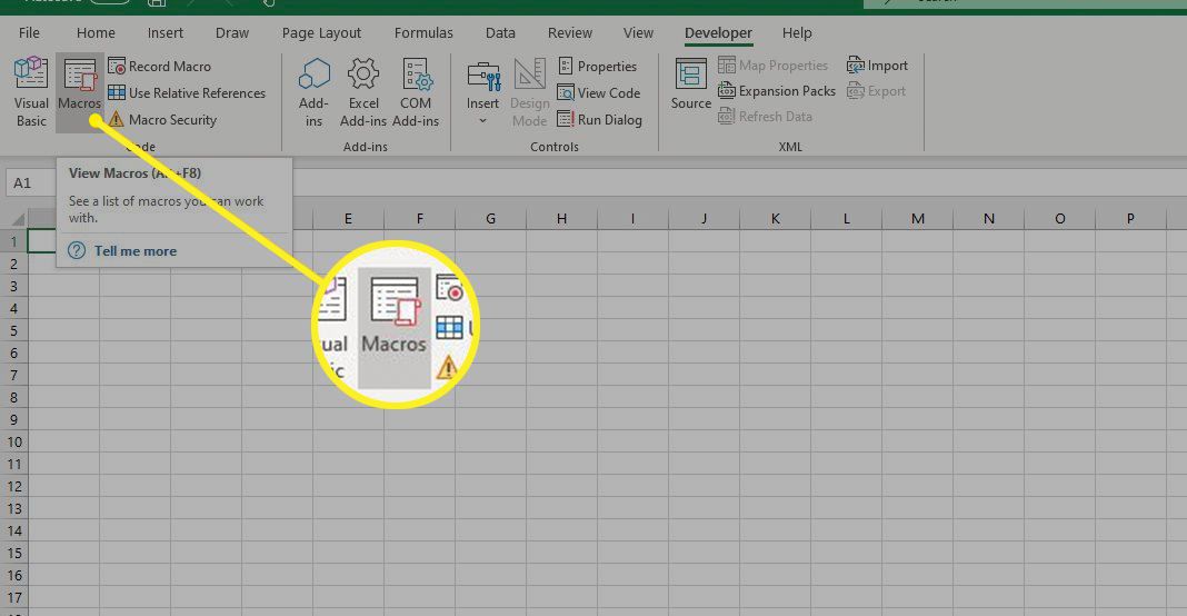 Botão Macros na guia Excel Developer