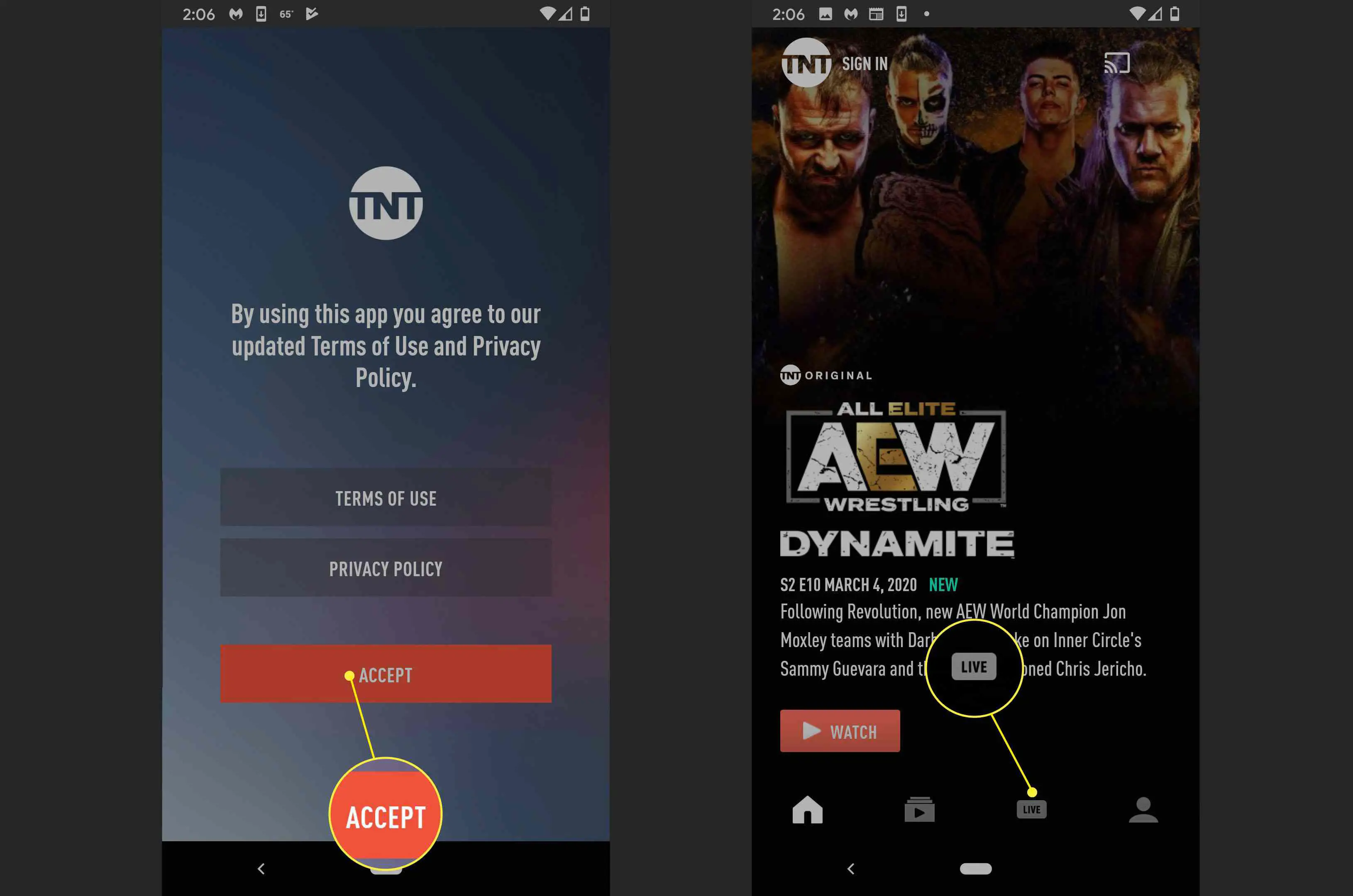 A localização da opção AO VIVO no aplicativo de streaming TNT.