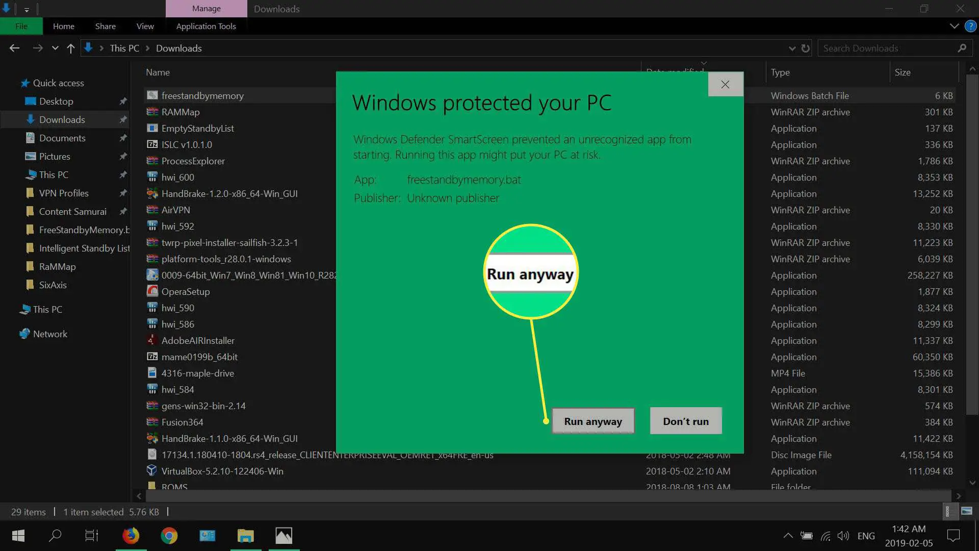 opções adicionais para uma caixa de diálogo de aviso do Windows Defender.