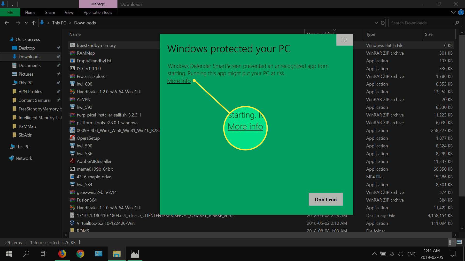 Caixa de diálogo de proteção do Windows Defender.