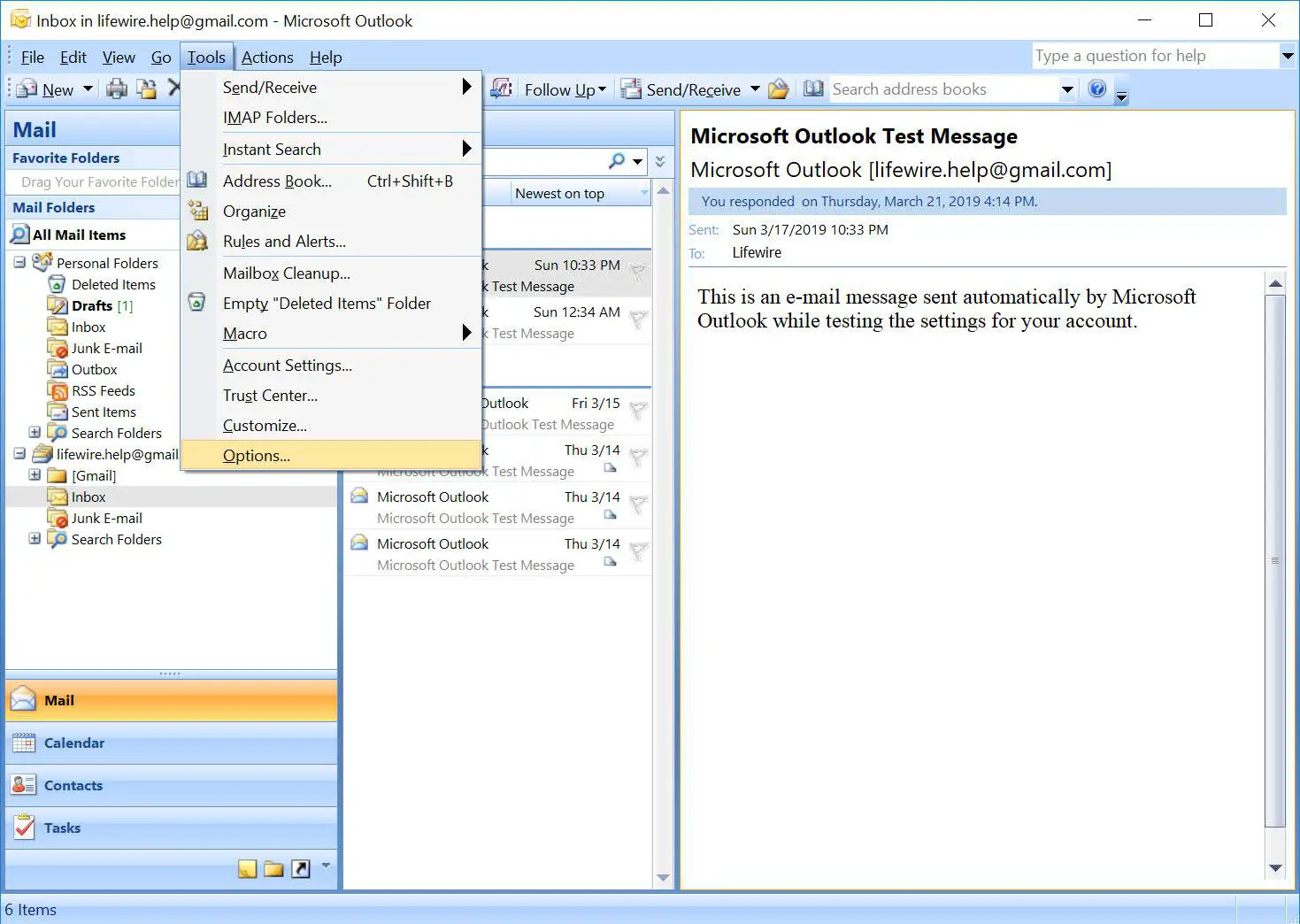 Menu de ferramentas do Outlook 2007 com opções selecionadas