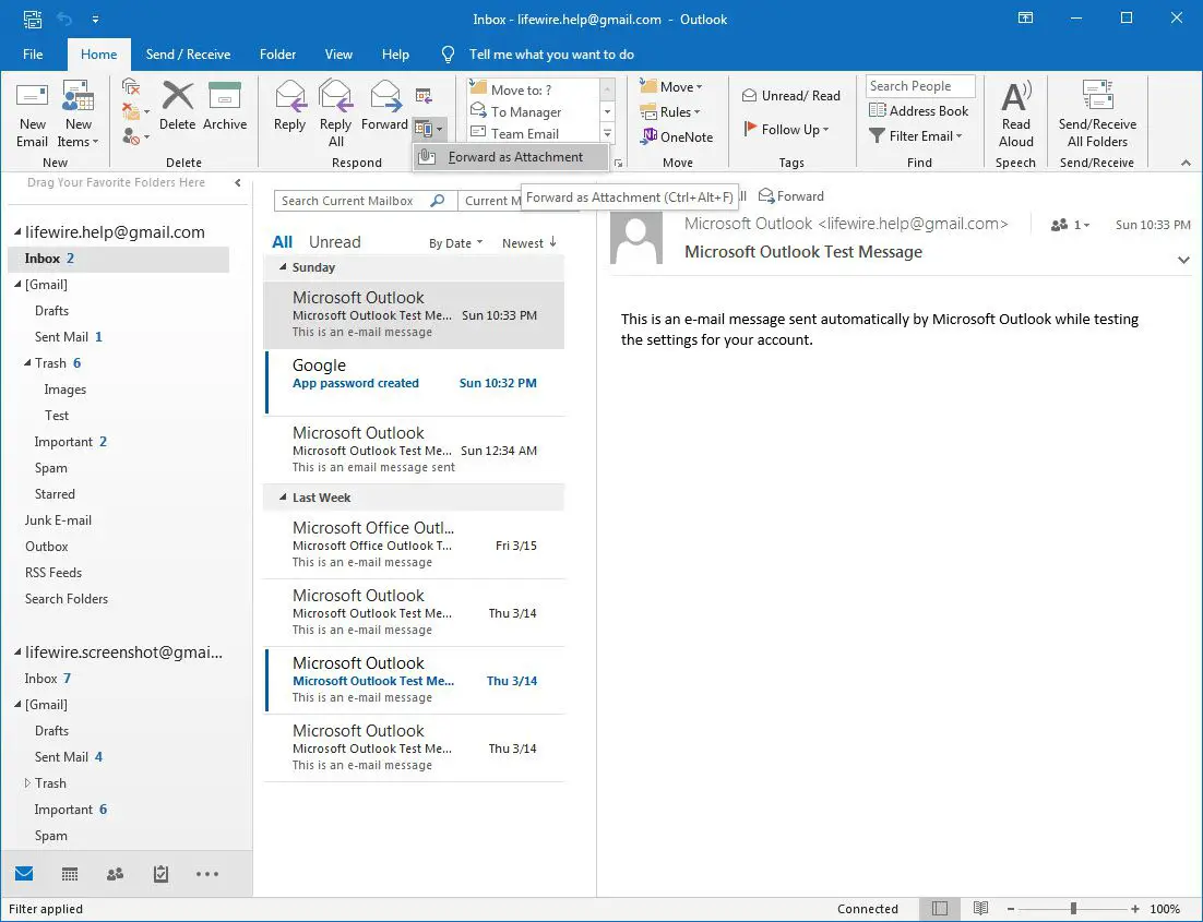 Outlook 2016 Encaminhar como item de menu anexo selecionado