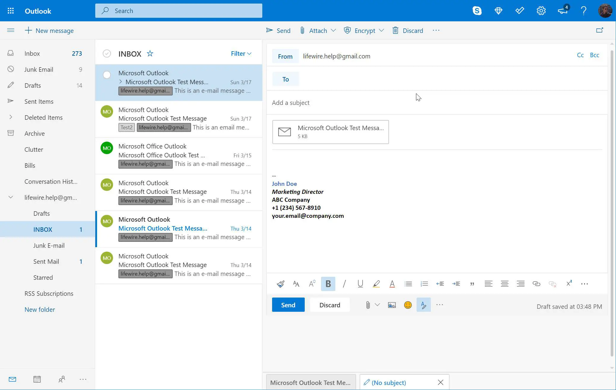 Outlook.com exibindo uma nova mensagem com um e-mail como anexo