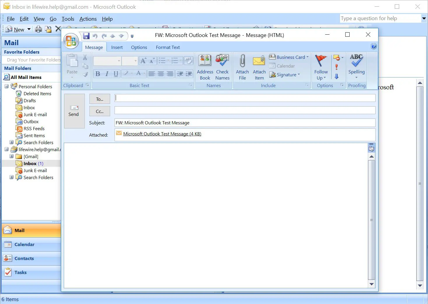 Novo e-mail de encaminhamento do Outlook 2007 com outro e-mail como anexo