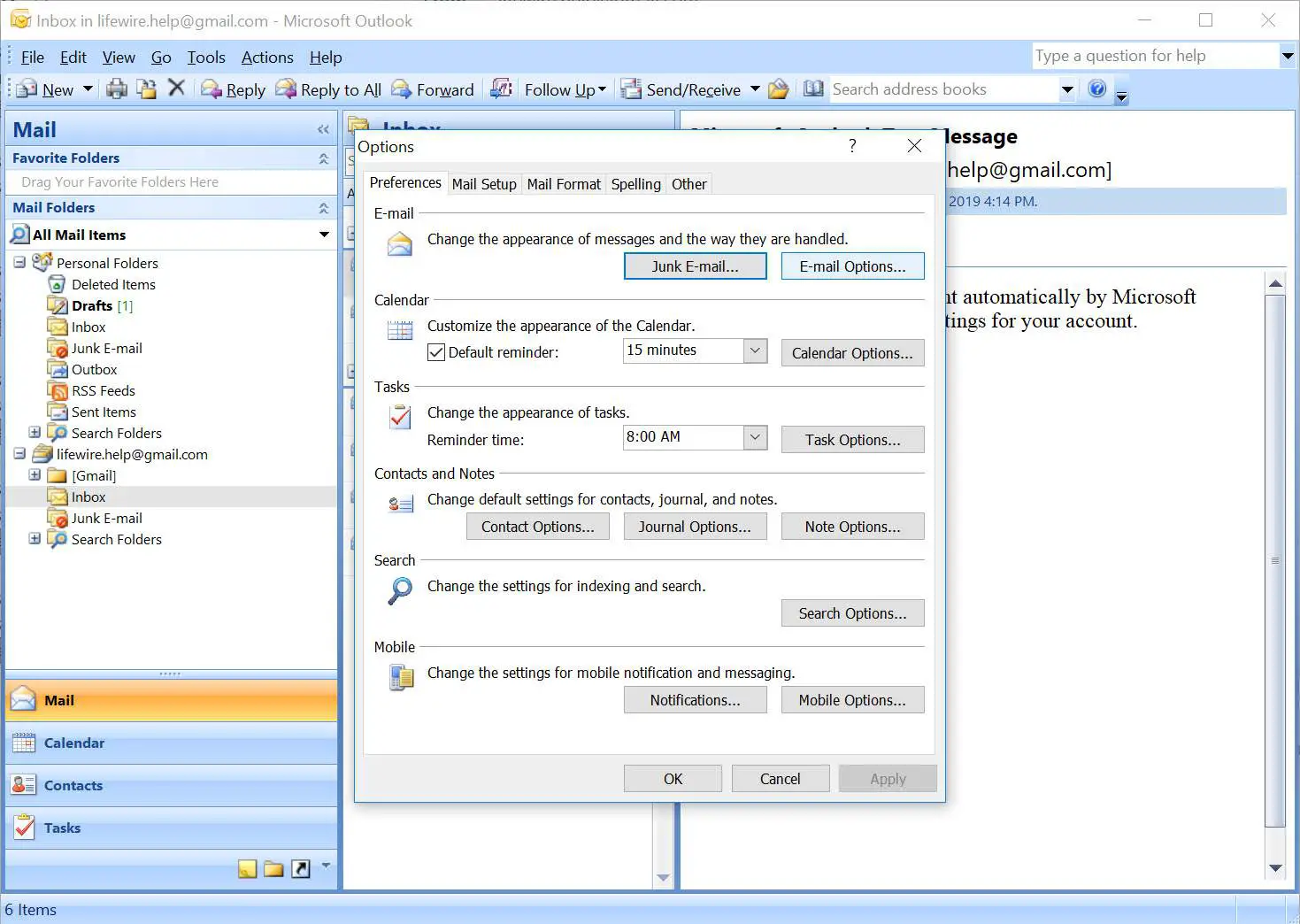 Menu de opções do Outlook 2007 com opções de e-mail selecionadas