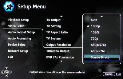 Exemplo de configurações de saída de resolução do reprodutor de disco Blu-ray