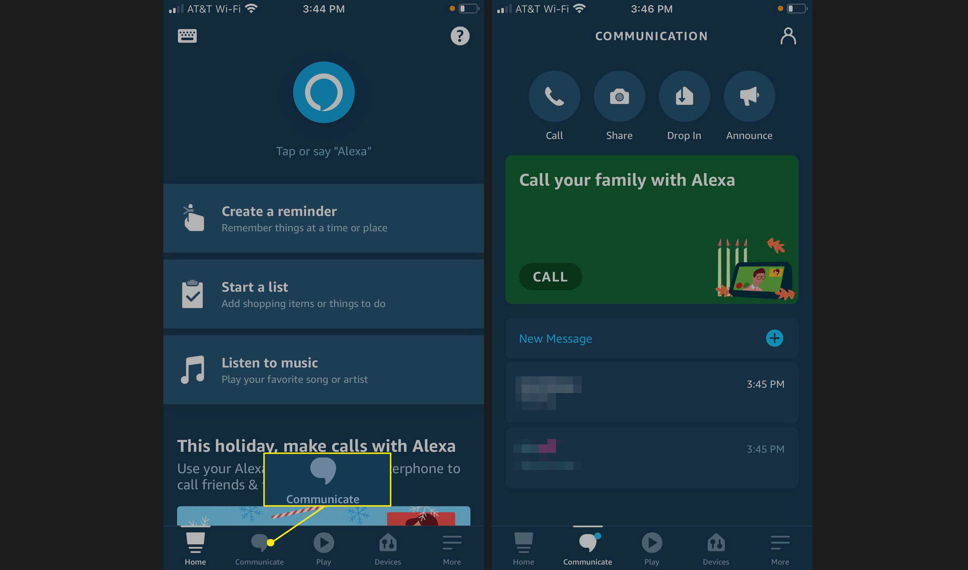 Toque na guia Comunicar para fazer chamadas para alguém em sua lista de contatos, enviar fotos para dispositivos Alexa, usar o recurso Drop-In ou fazer um anúncio através de dispositivos Echo compatíveis.