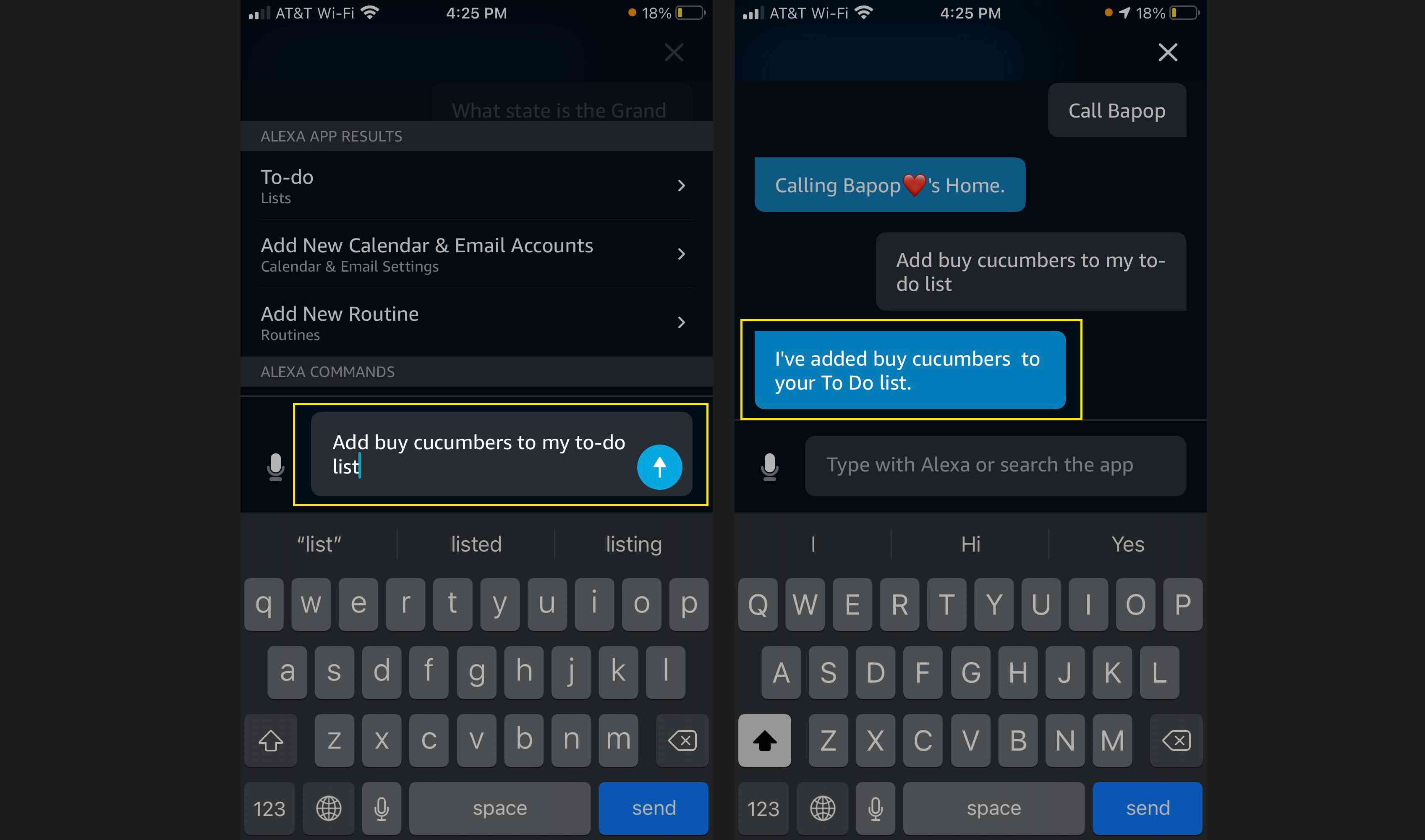 use o texto para pedir a Alexa para adicionar algo à sua lista de tarefas e toque em Enviar.  Alexa confirmará que o item foi adicionado. 