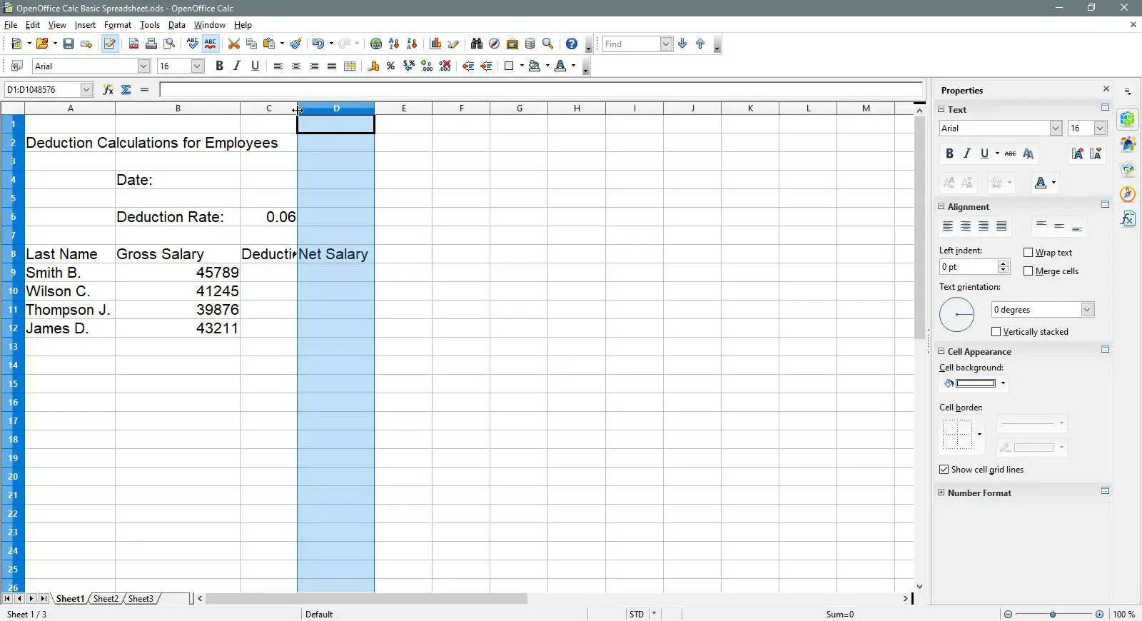 Seleção de uma coluna para ampliar no OpenOffice Calc.