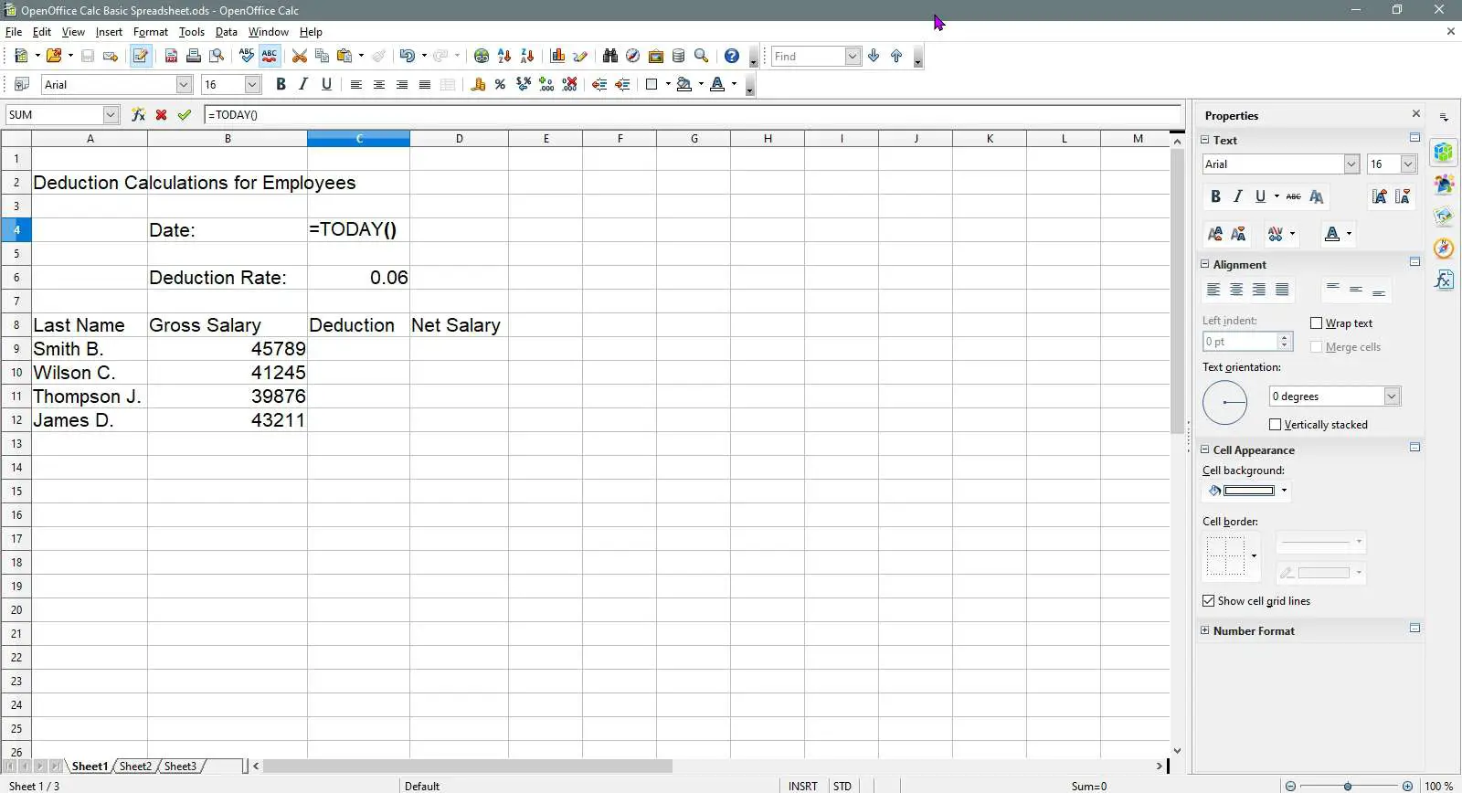 Inserindo a fórmula Hoje no OpenOffice Calc.