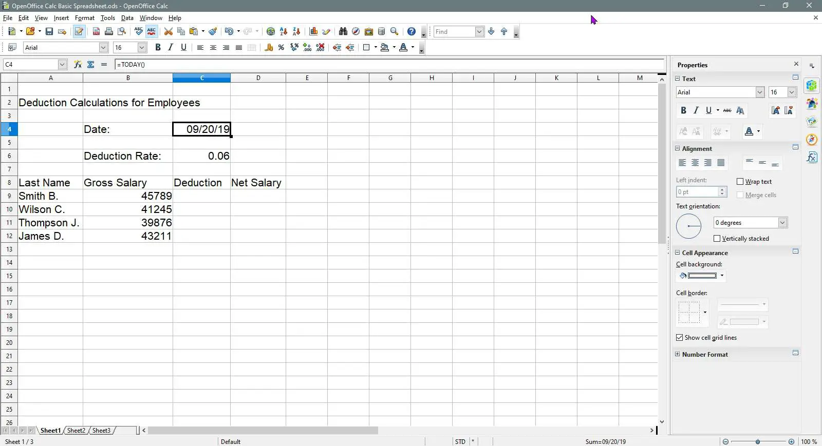 Os resultados da fórmula Hoje no OpenOffice Calc.