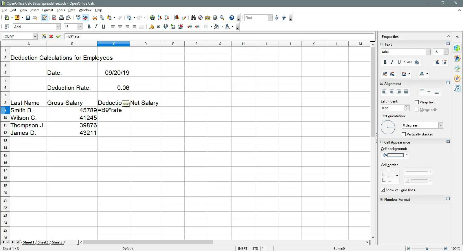 Inserindo uma fórmula de taxa no OpenOffice Calc.