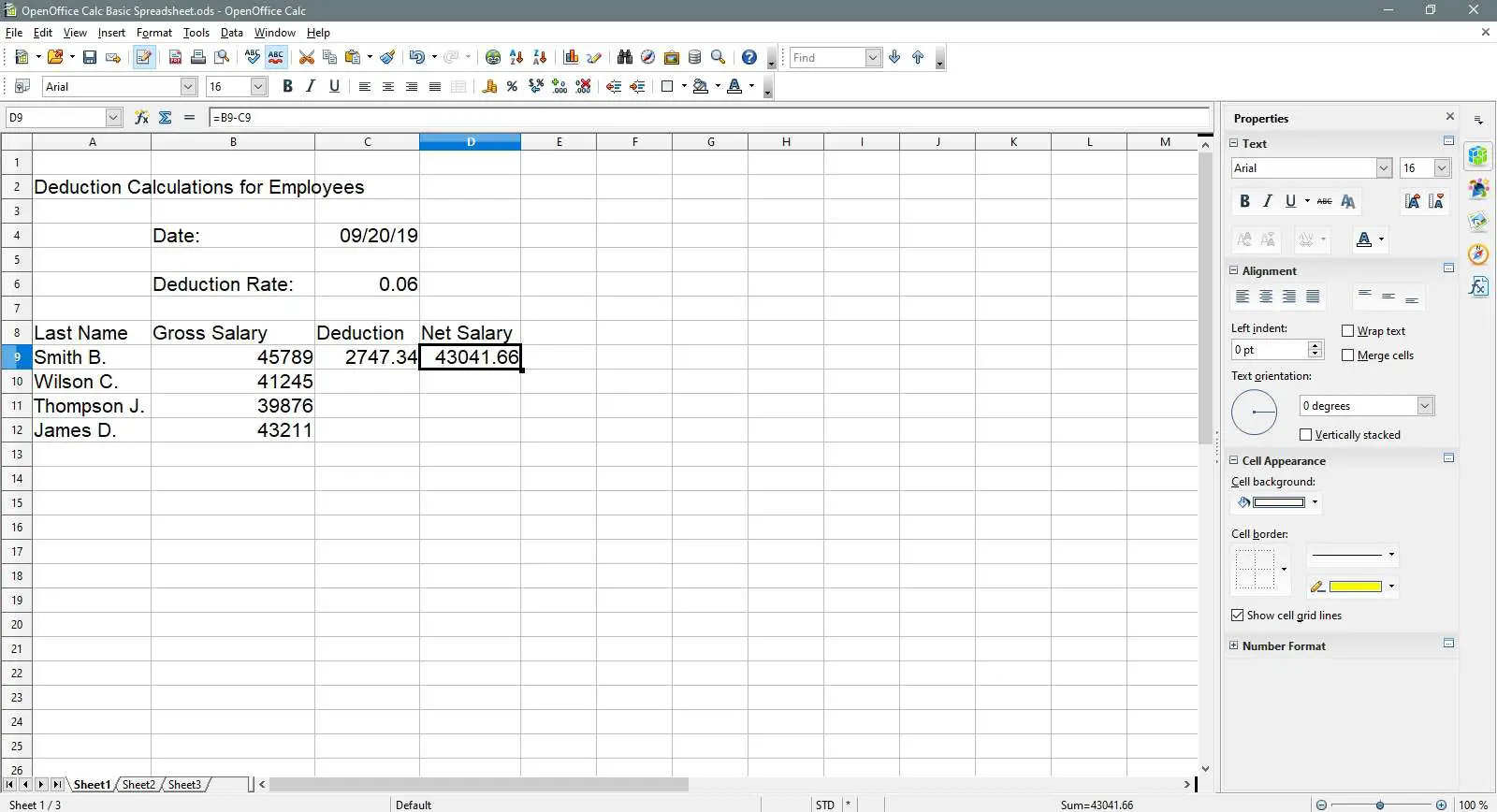o salário líquido foi calculado no OpenOffice Calc.