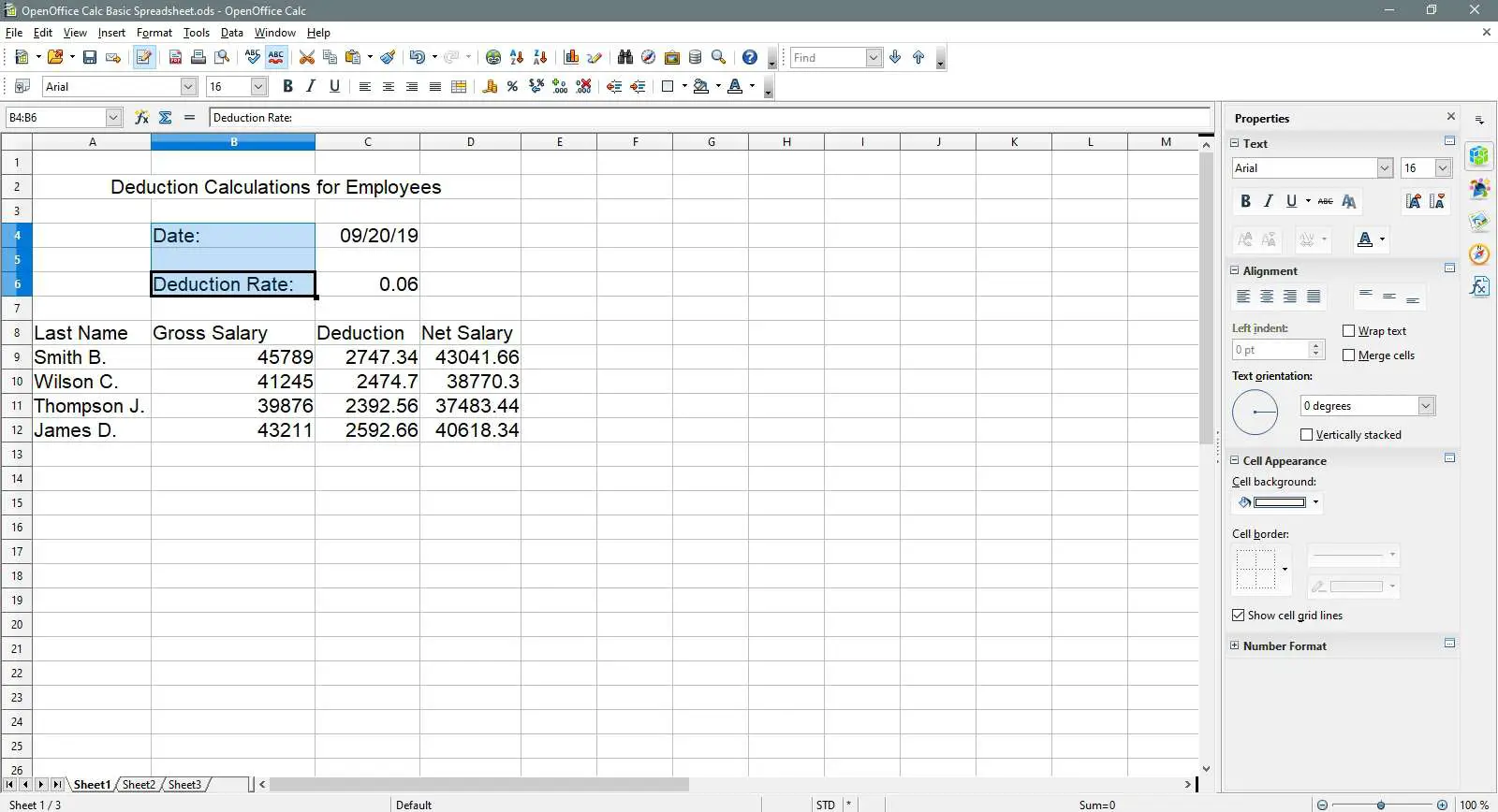 As células de data e taxa de dedução são selecionadas no OpenOffice Calc.