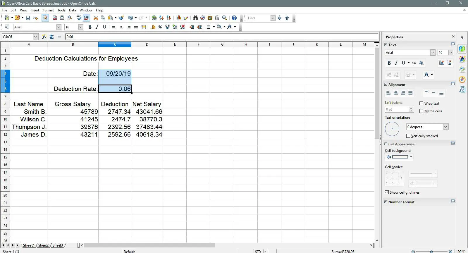 As células de data e taxa de dedução são destacadas no OpenOffice Calc.