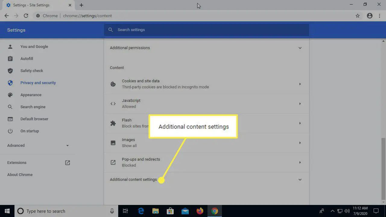 A opção "Configurações de conteúdo adicionais" nas configurações do Chrome