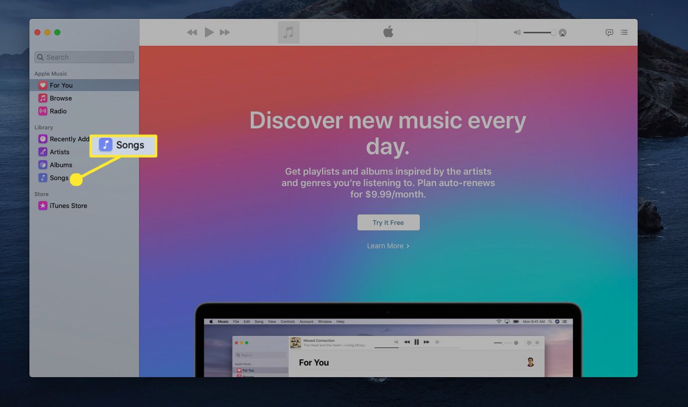 Abra o aplicativo Música no seu Mac e selecione Músicas no menu à esquerda.