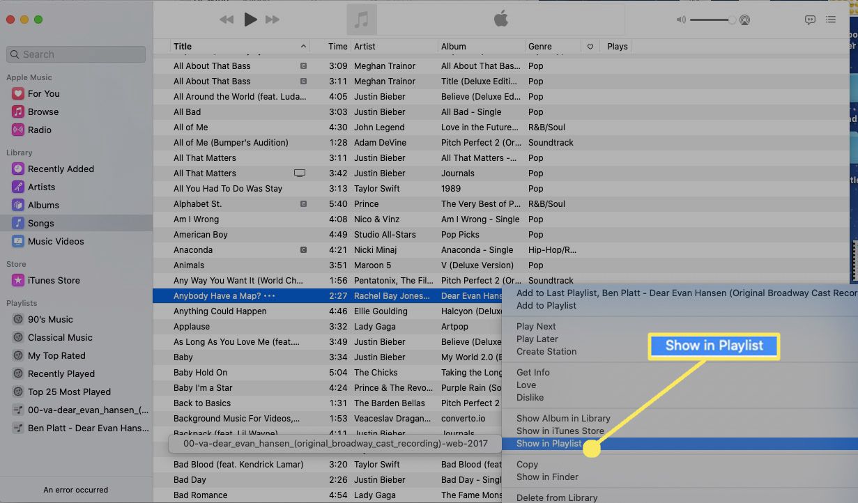 Clique na música com a tecla Control pressionada e escolha Mostrar na lista de reprodução.