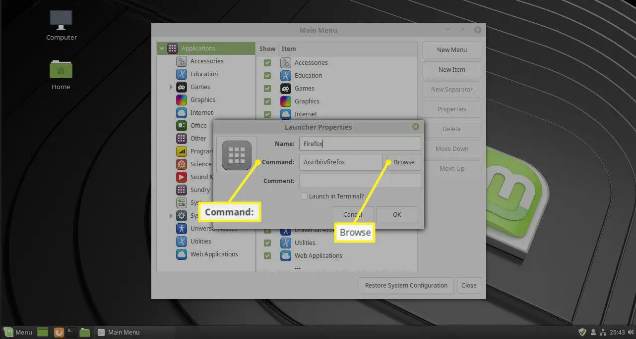 Editor de menu Alacarte mostrando o caminho do comando e o botão de navegação
