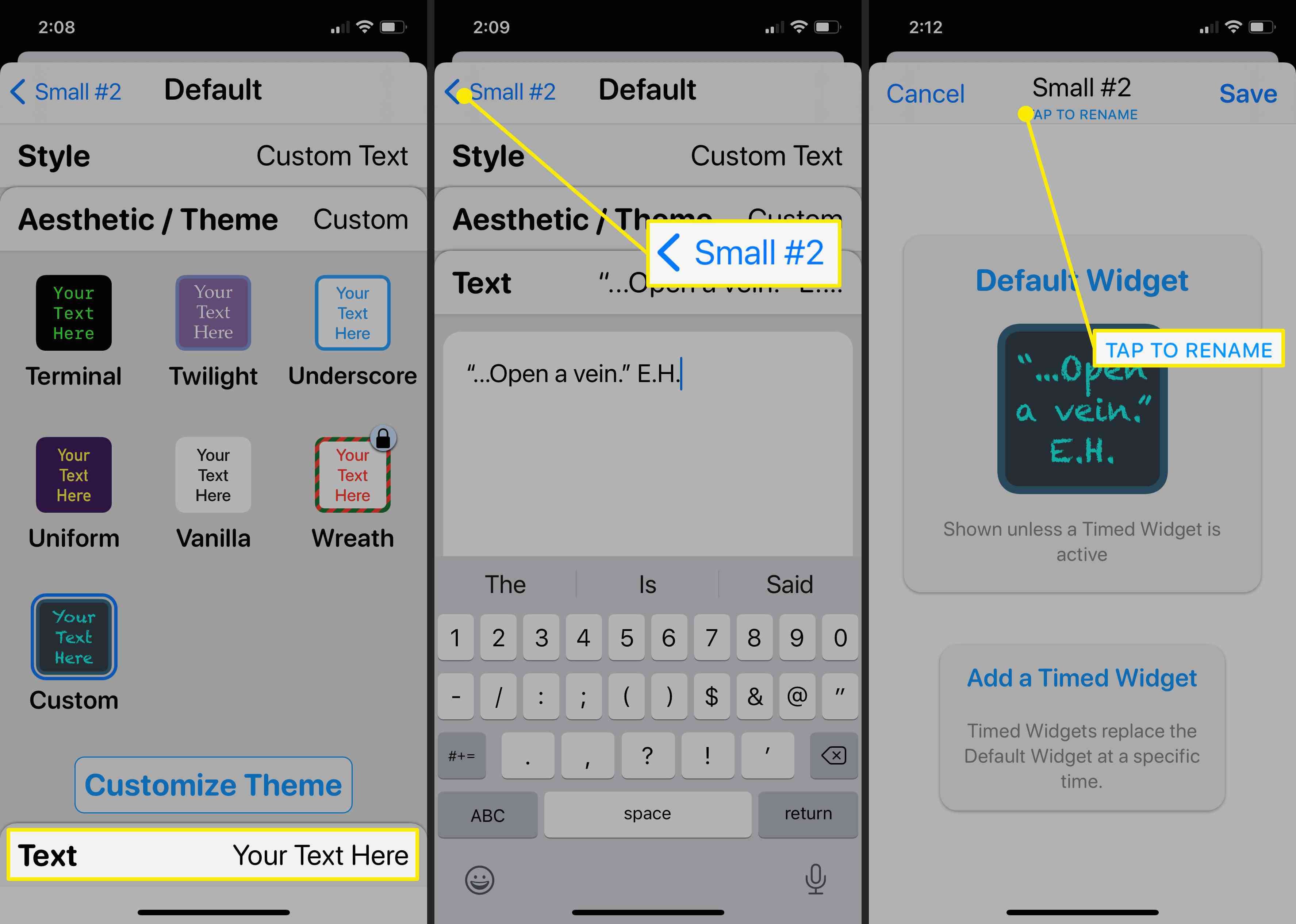 Capturas de tela da finalização de um widget de texto personalizado no aplicativo Widgetsmith.