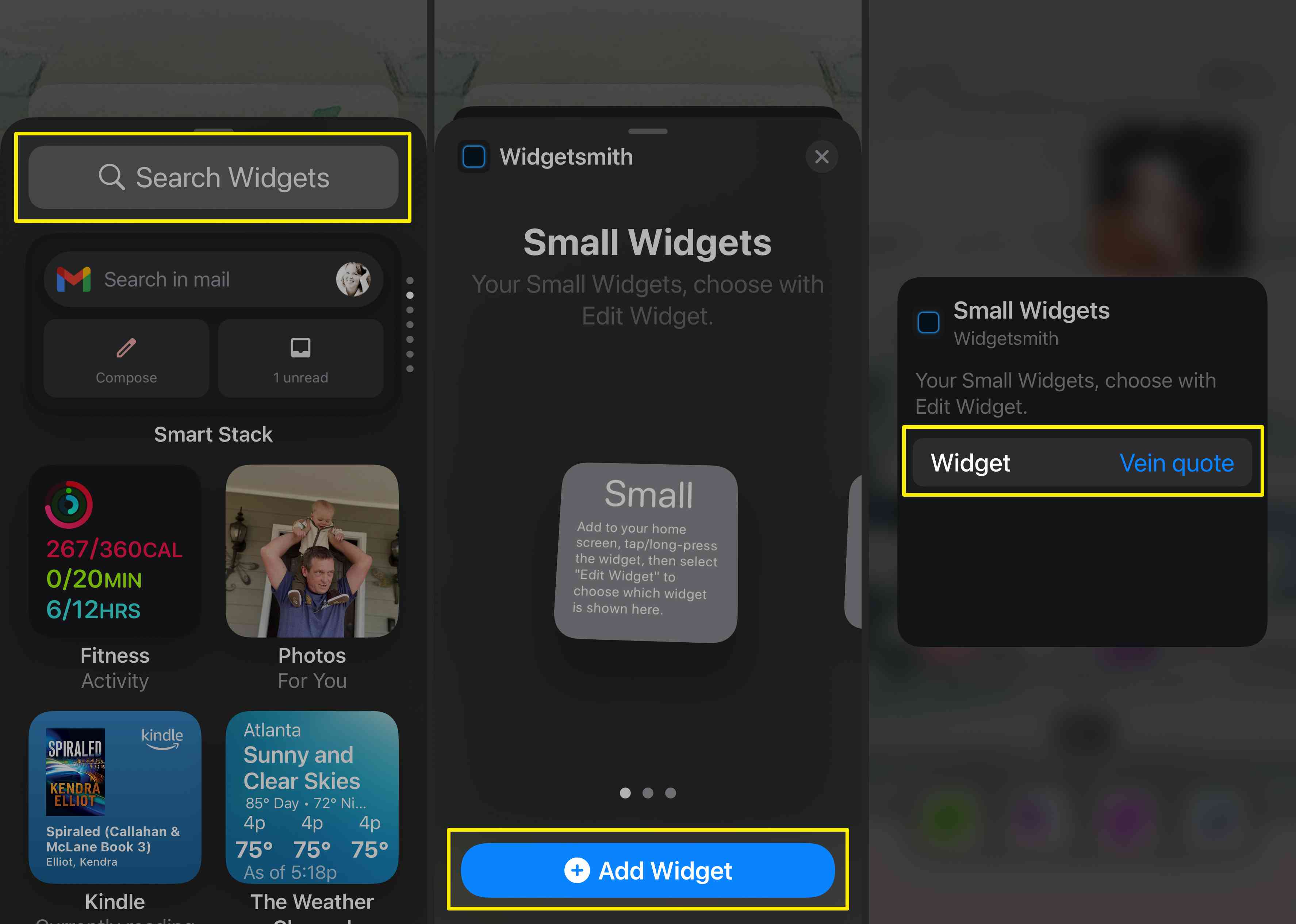 Capturas de tela sobre como adicionar um widget Widgetsmith à tela inicial do iPhone.
