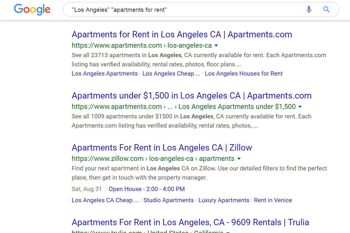 Pesquisa Google com cotações de apartamentos para alugar em Los Angeles