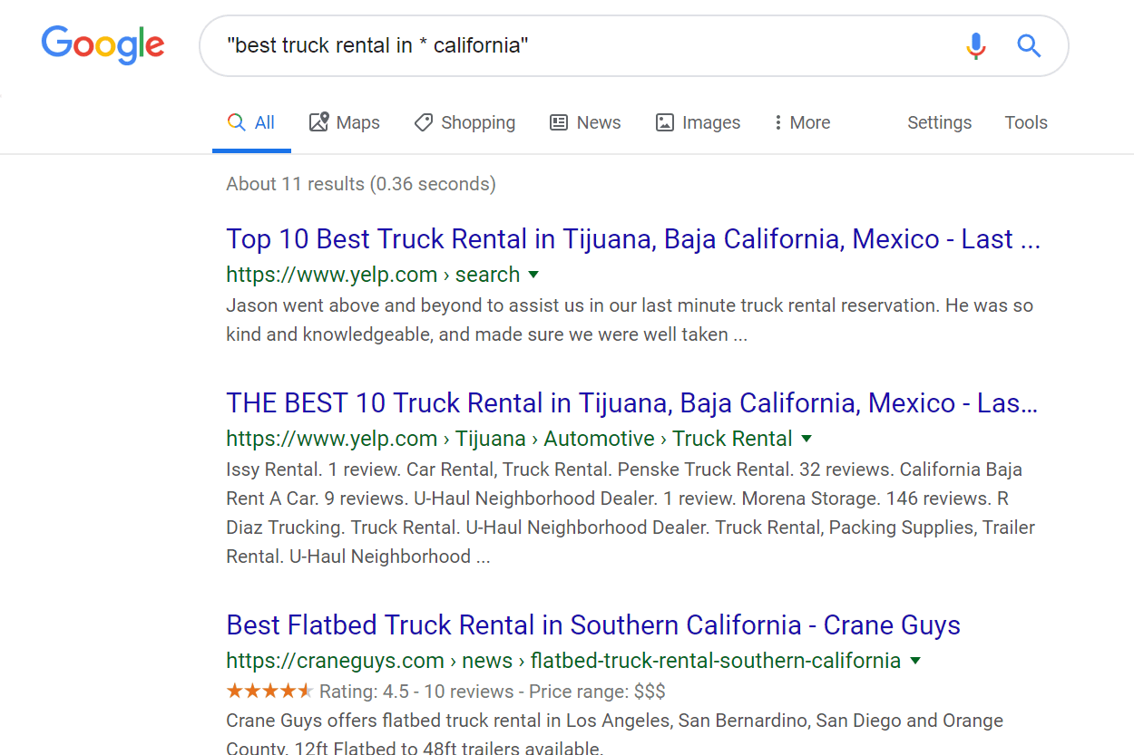 Exemplo de pesquisa curinga do Google