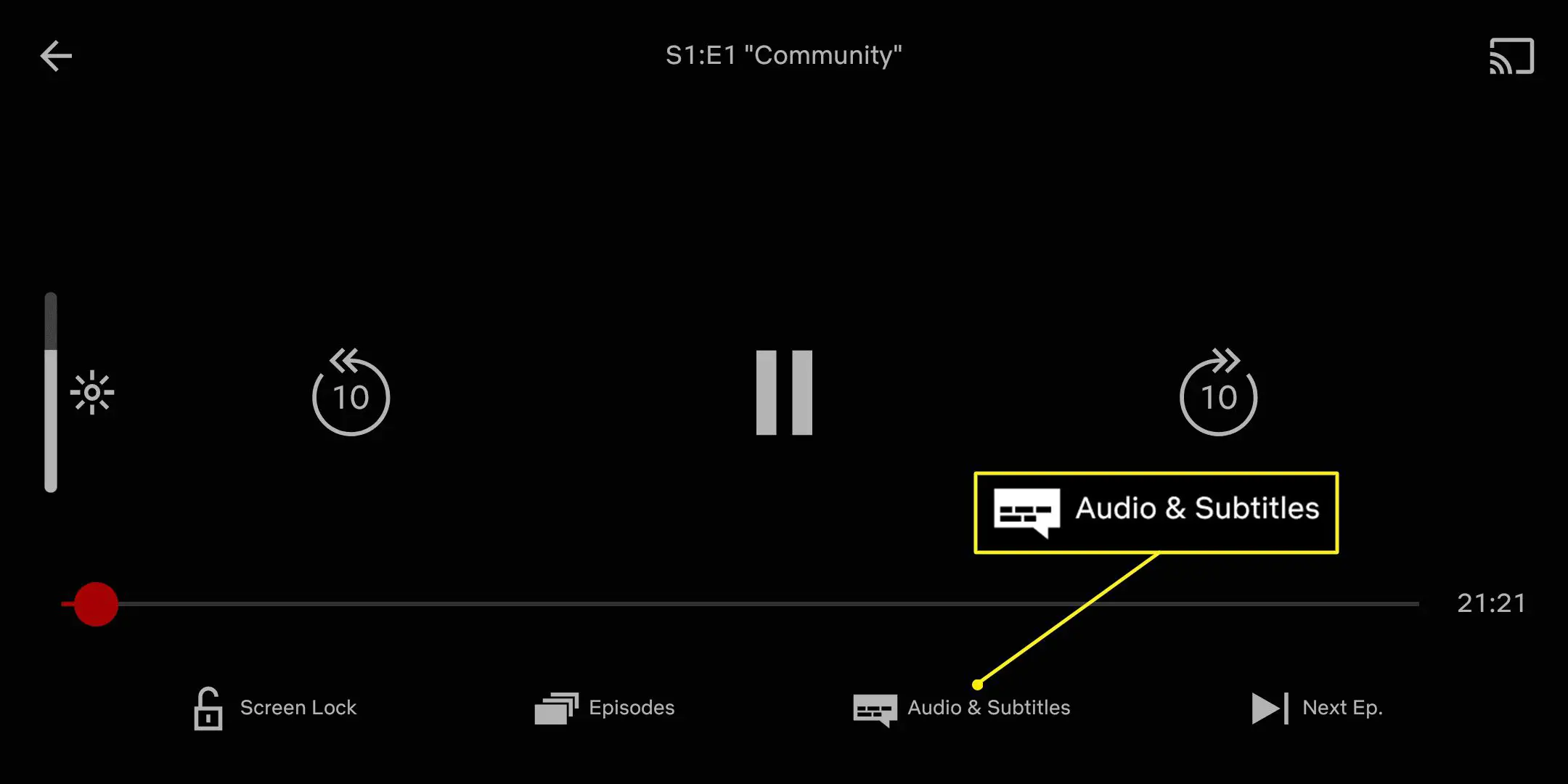 Aplicativo Netflix com áudio e legendas em destaque