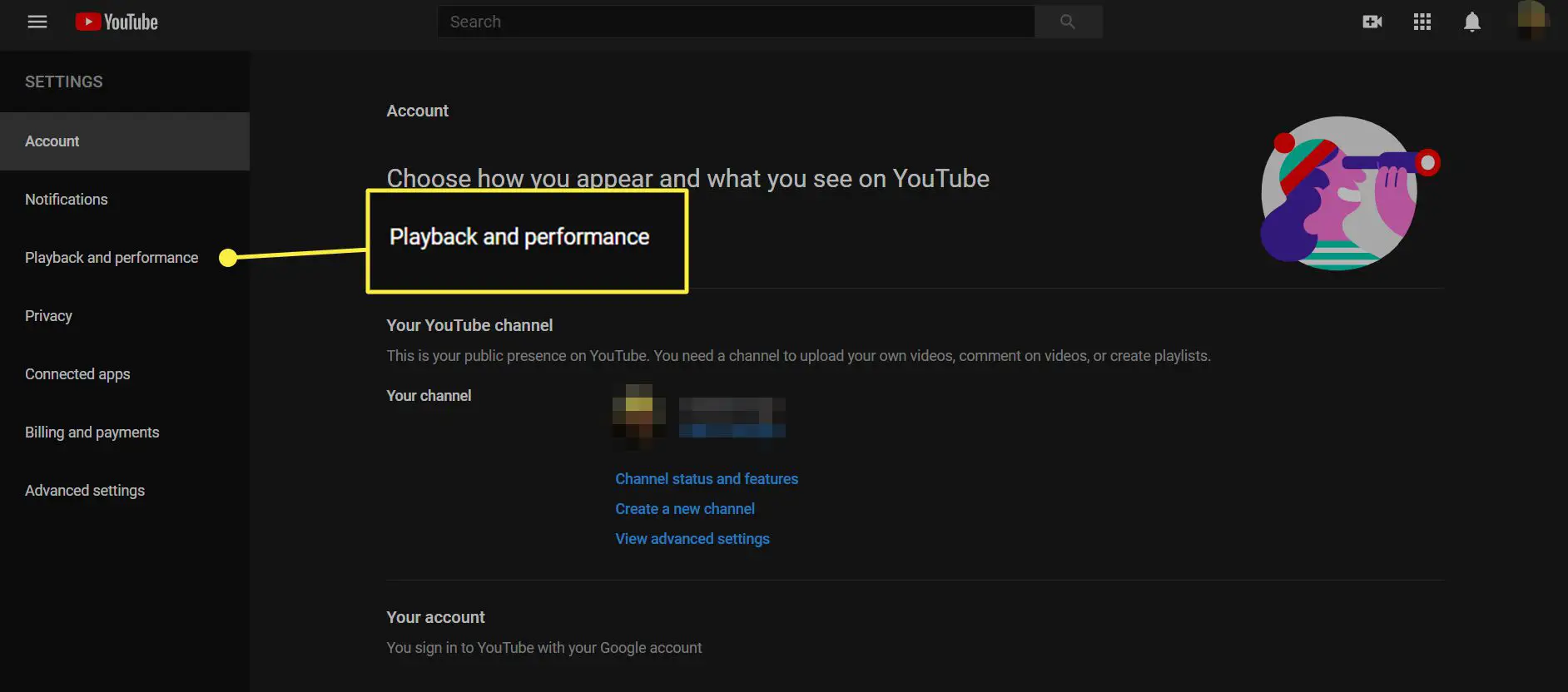 Opções de configurações do YouTube com a opção Reprodução e desempenho destacada.