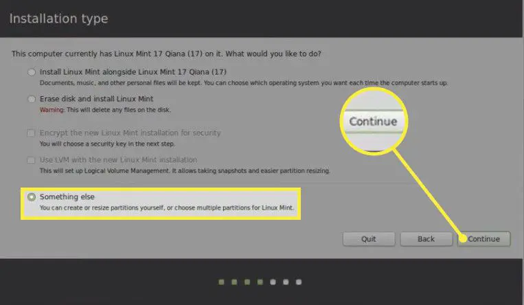 Escolha algo mais e selecione Instalar agora na tela do tipo de instalação do Linux Mint.