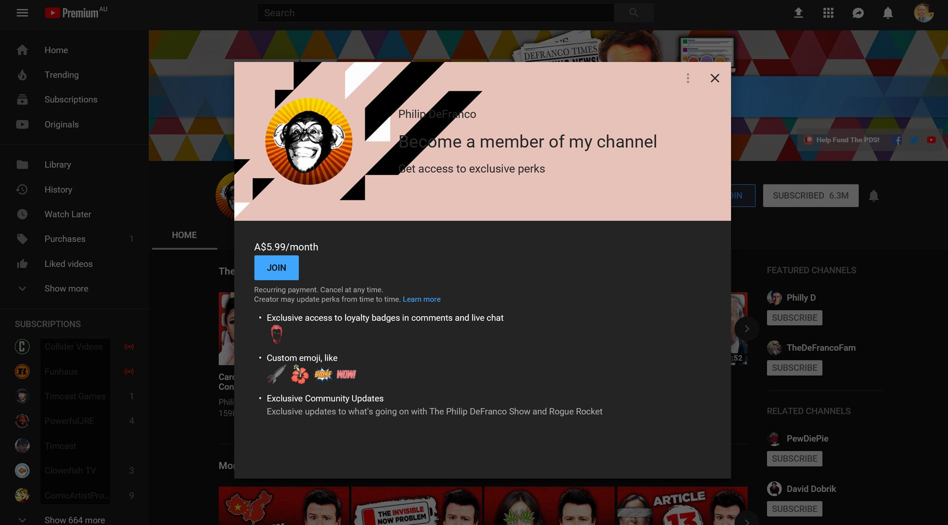 Informações sobre membros do canal do YouTube, como emblemas e emoji.