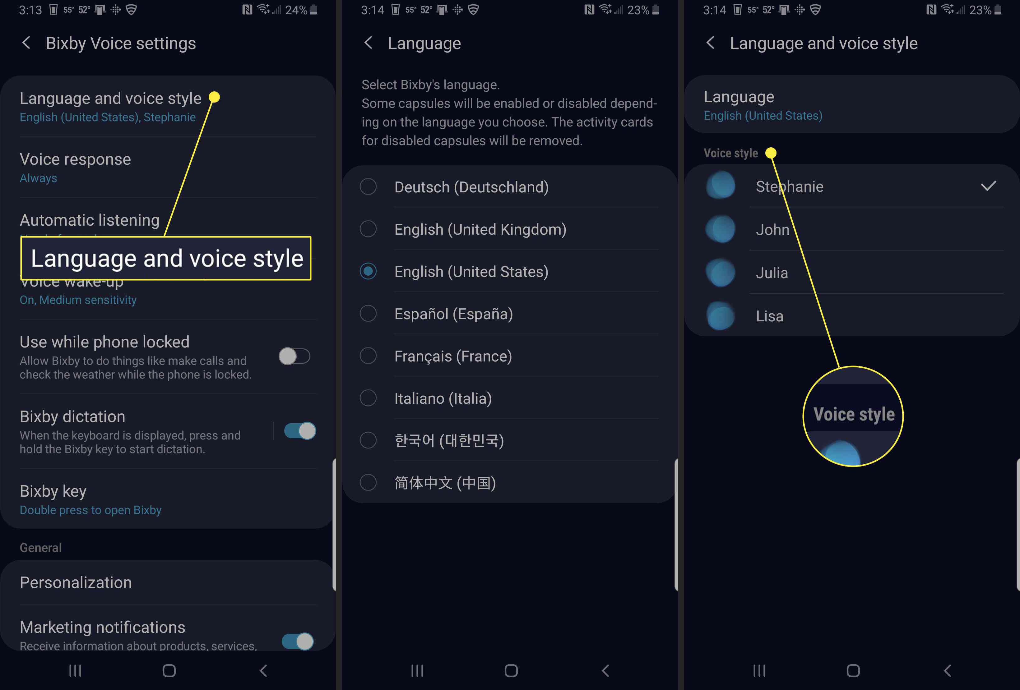 Configurando voz e idioma para Bixby.
