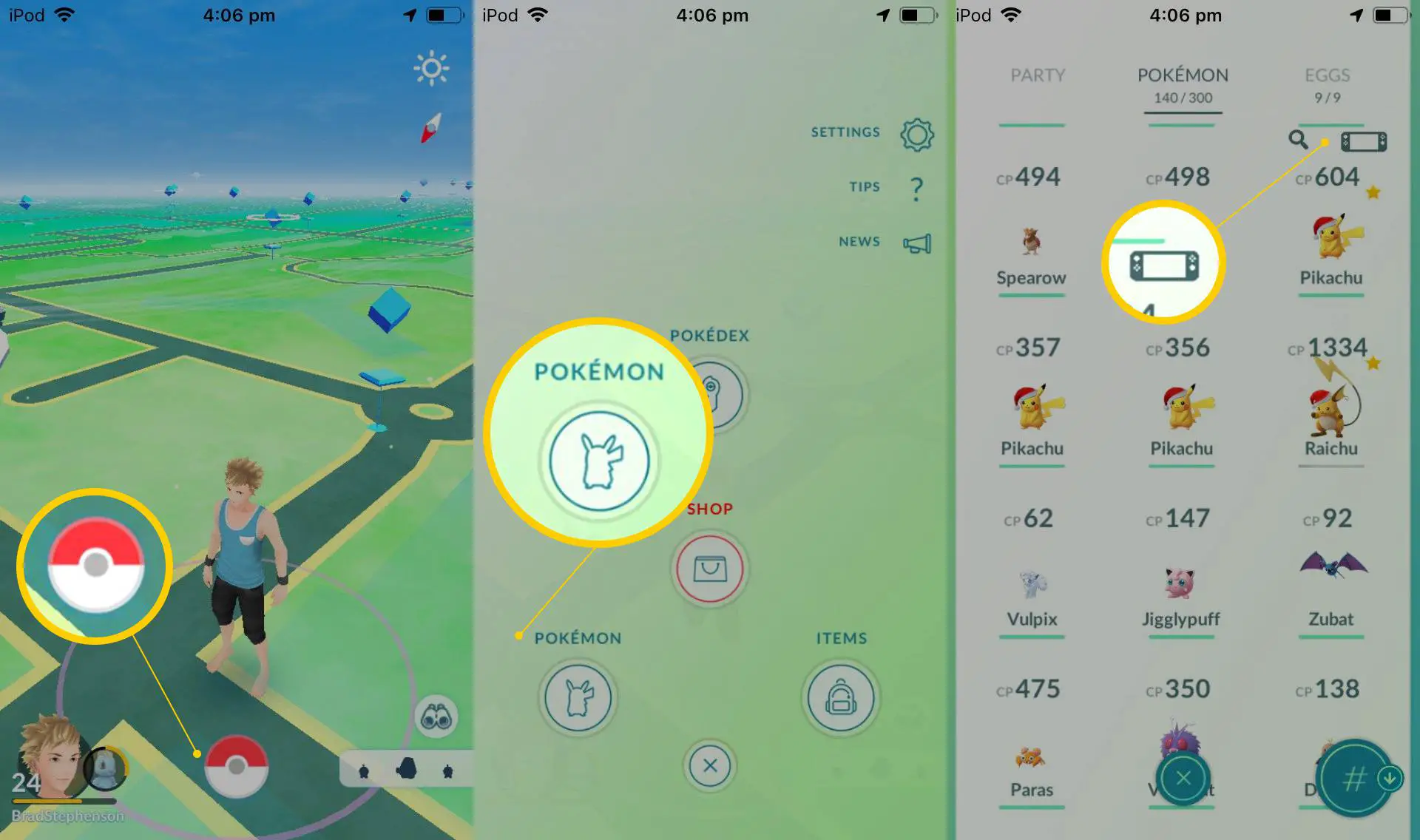Pokémon Ball, ícone Pokémon, ícone Switch no aplicativo iOS Pokémon Go