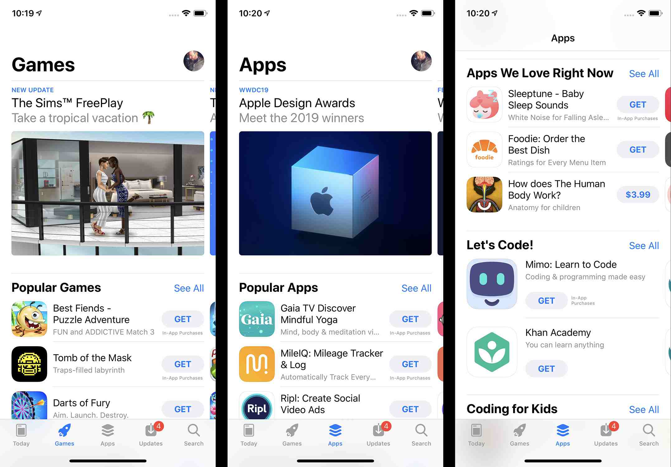 Captura de tela das guias Jogos e Aplicativos na App Store