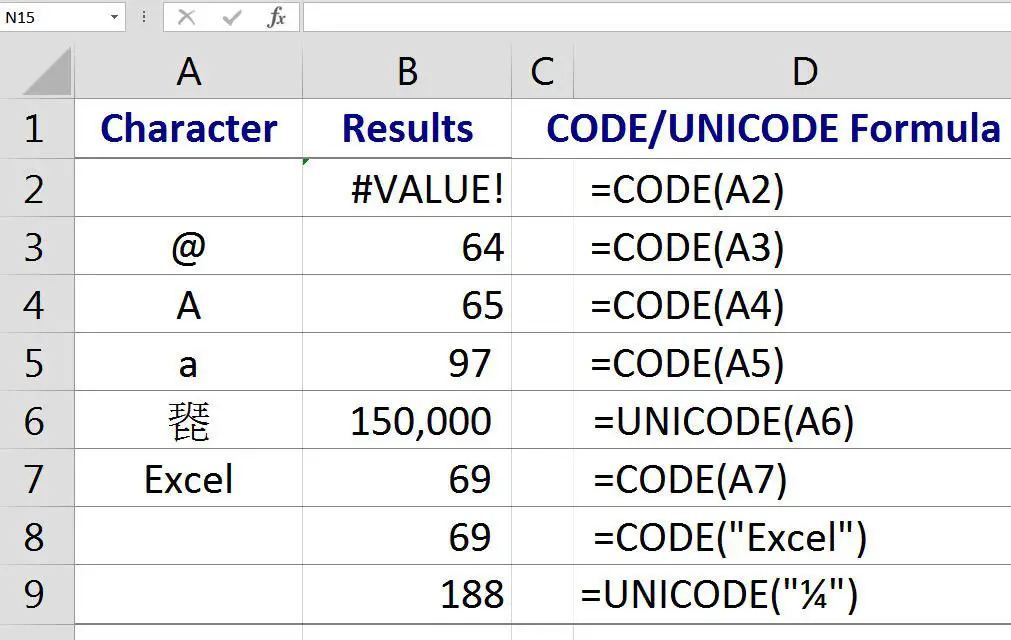 Encontre códigos de caracteres para texto e símbolos com as funções CODE e UNICODE no Excel