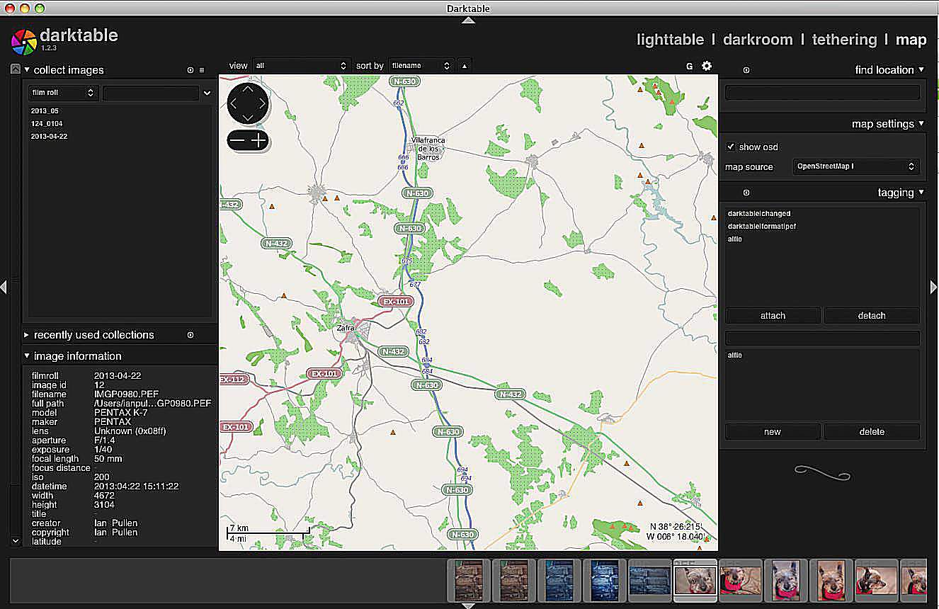 Visualização do mapa na captura de tela Darktable