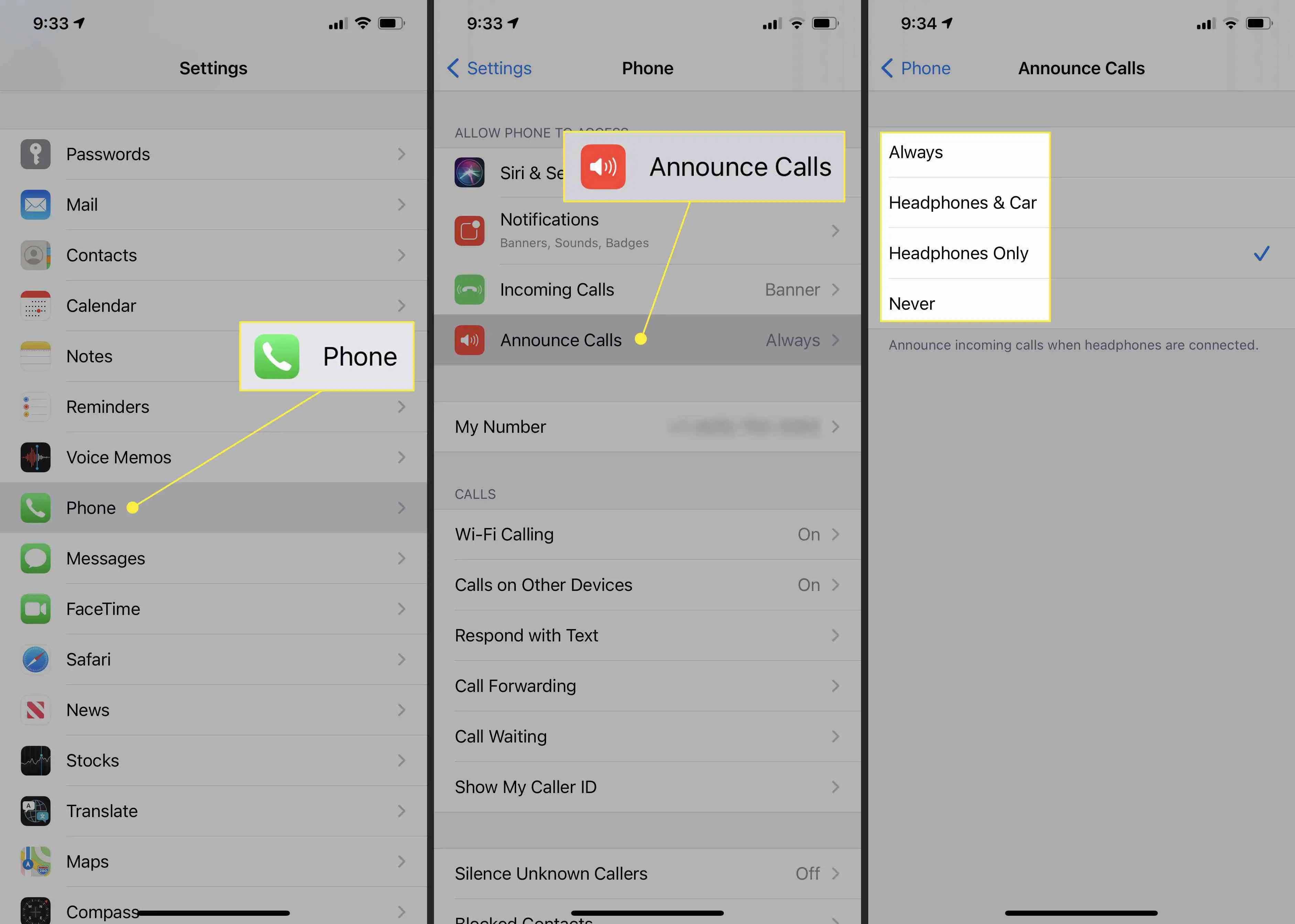 Configurando a opção de anunciar chamadas em AirPods no iPhone.