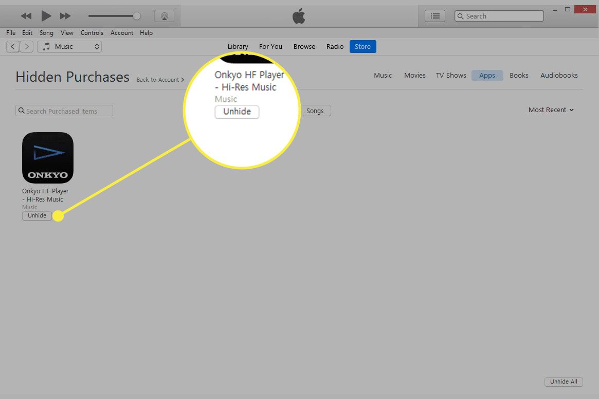 Uma captura de tela da tela de compras ocultas do iTunes com o botão Reexibir destacado