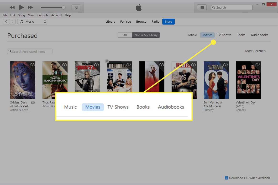 Uma captura de tela do iTunes com as categorias de mídia destacadas