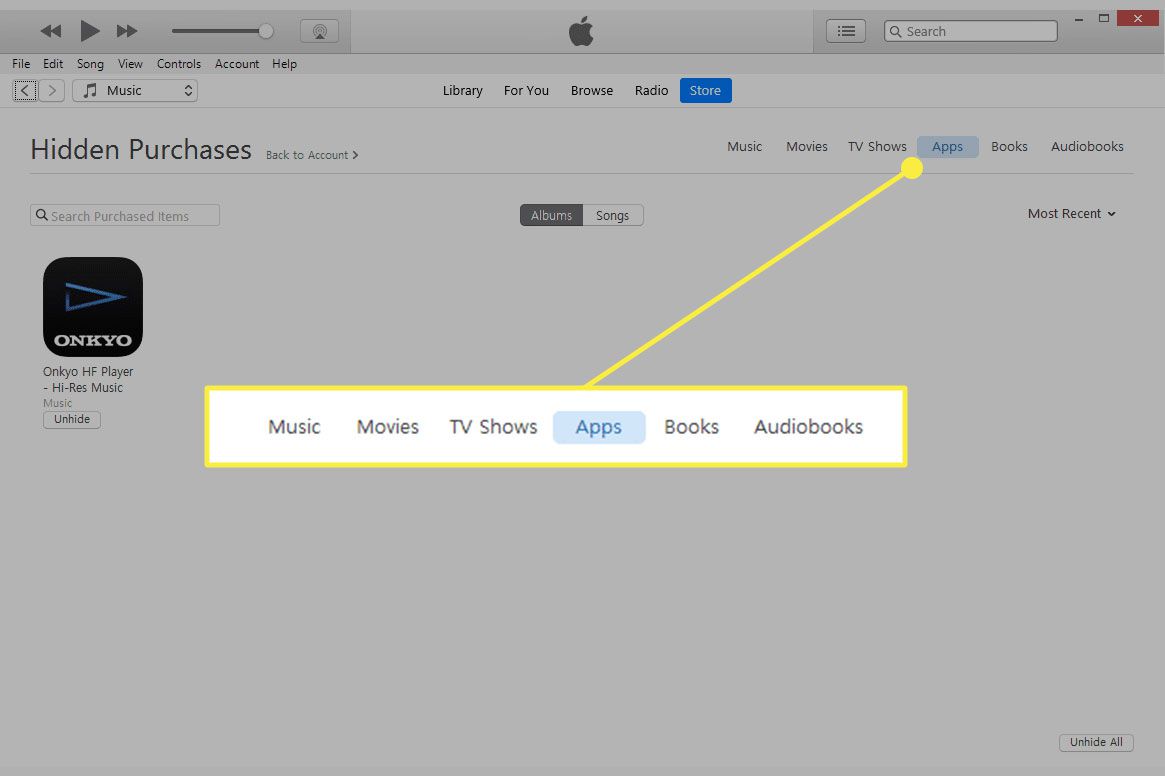 Uma captura de tela da tela Compras ocultas do iTunes com as categorias de mídia destacadas