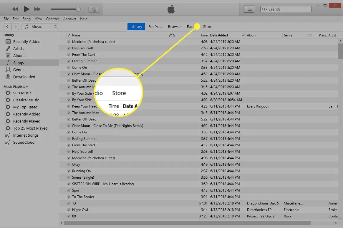 Uma captura de tela do iTunes com a guia Loja em destaque