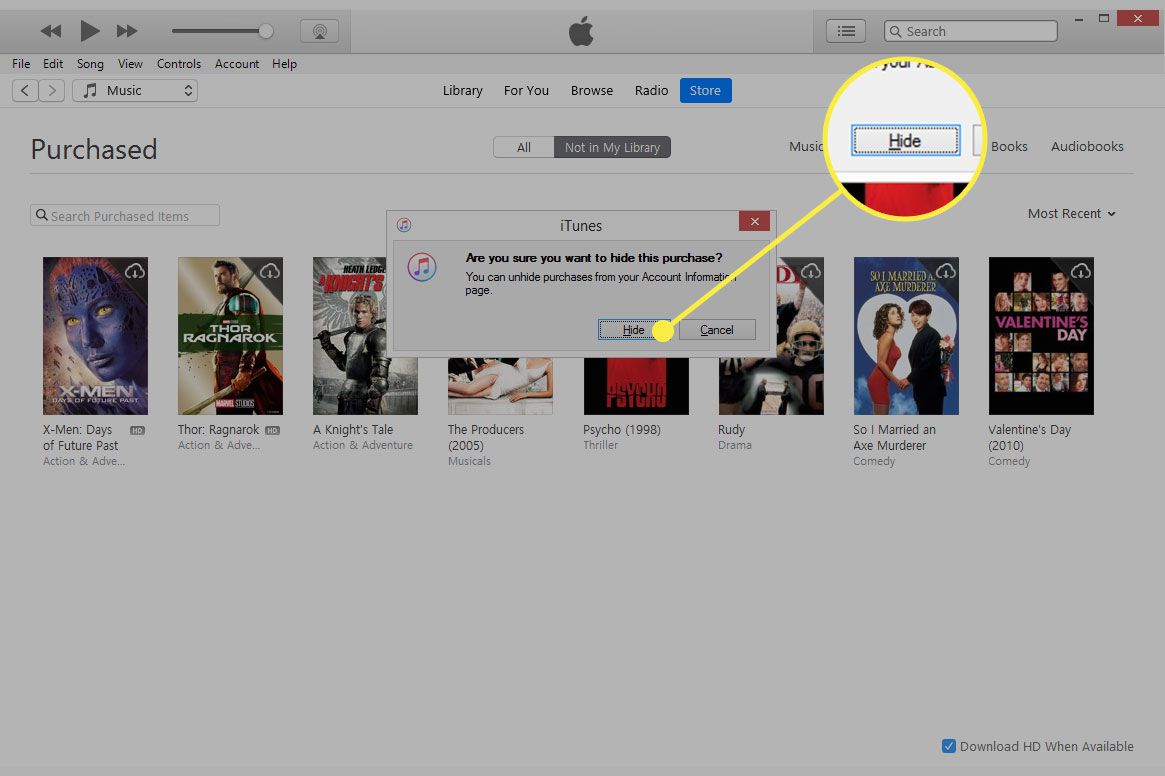 Uma captura de tela do iTunes com o botão Ocultar destacado