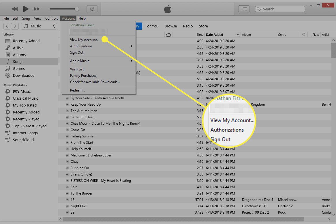 Uma captura de tela do iTunes com a opção de menu Exibir Minha Conta destacada