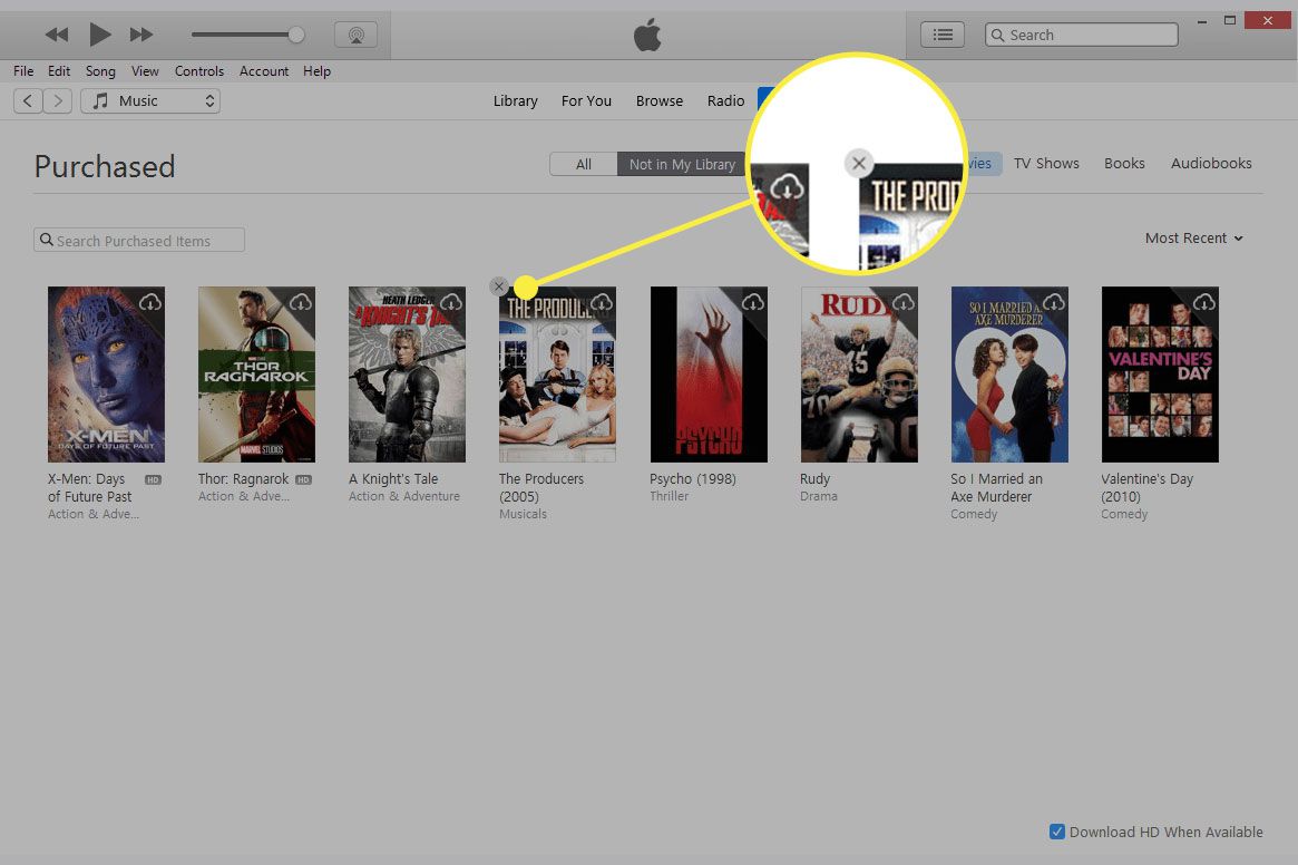 Uma captura de tela da tela Comprado do iTunes com o botão Ocultar destacado