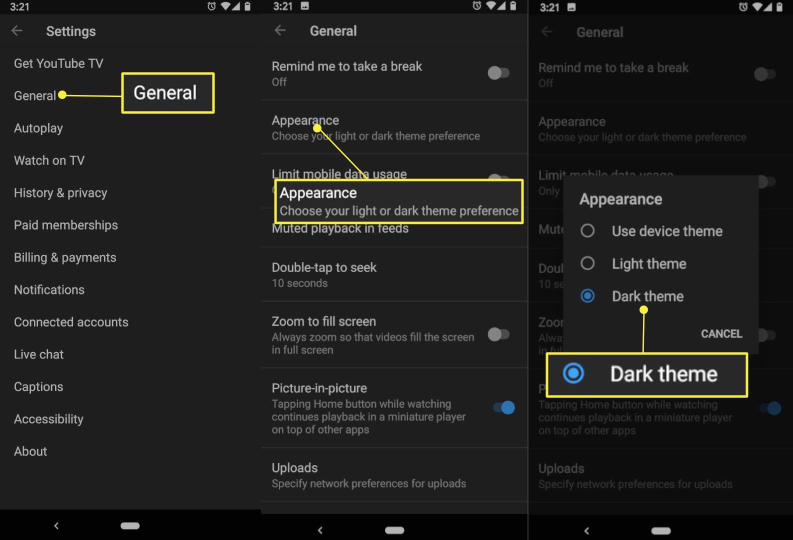 Mudança do YouTube para tema escuro no Android